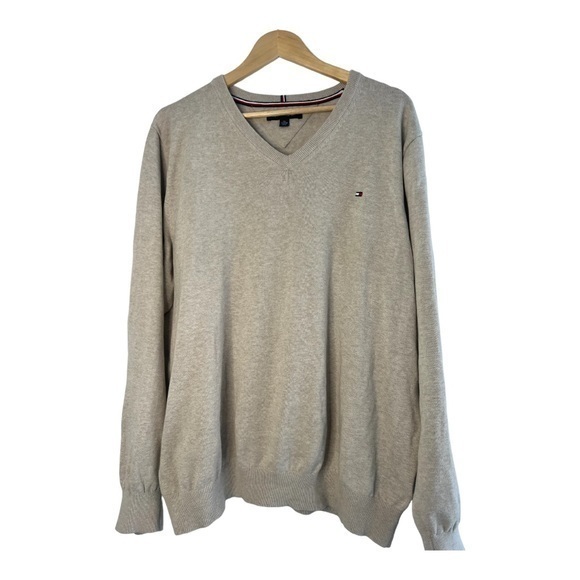 Tommy Hilfiger Mens Sweater XXL Tan Cream Small V Neck Cotton - Picture 3 of 4